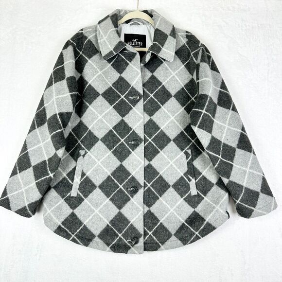 Hollister Jackets & Blazers - Hollister Argyle Plaid Coat Size Large Preppy Oversized Grey